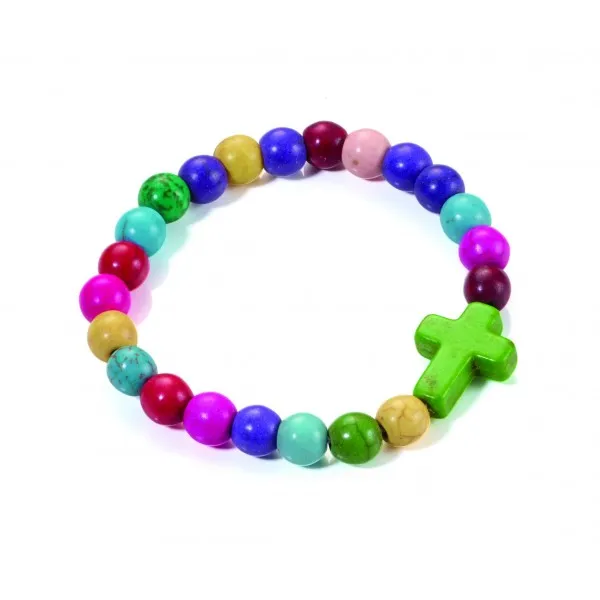BRACELET PERLES MULTICOLORES ET CROIX VERTE