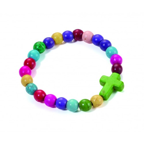 BRACELET PERLES MULTICOLORES ET CROIX VERTE