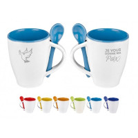 MUG BLANC/BLEU CLAIR AVEC CUILLERE ASSORTIE - COLOMBE - JE VOUS DONNE MA PAIX