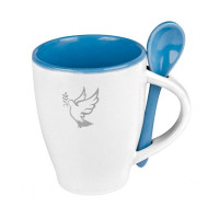 MUG BLANC/BLEU CLAIR AVEC CUILLERE ASSORTIE - COLOMBE - JE VOUS DONNE MA PAIX