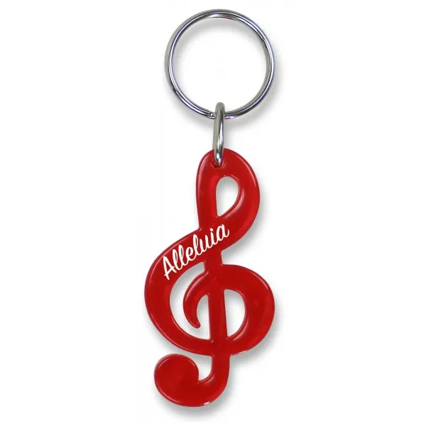 PORTE CLES CLE DE SOL ROUGE TRANSLUCIDE "ALLELUIA"