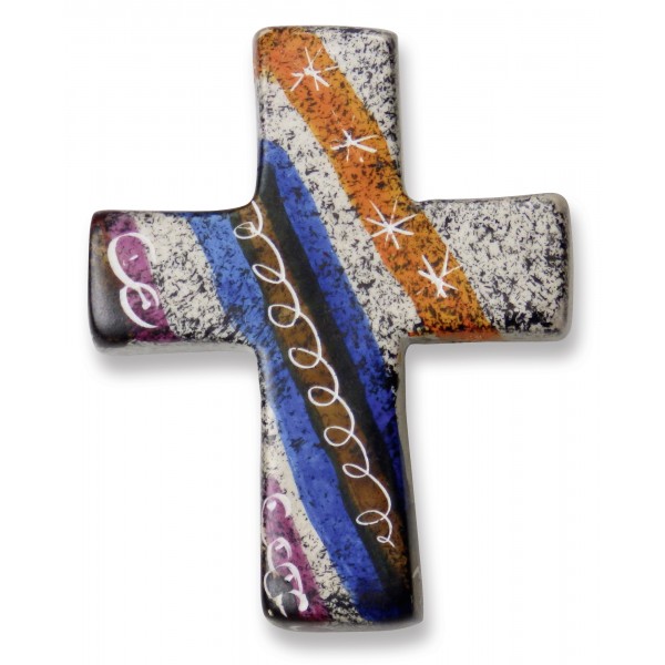 CROIX MOTIF BLEU ORANGE ET BLANC  EN STEATITE FAIT MAIN KENYA