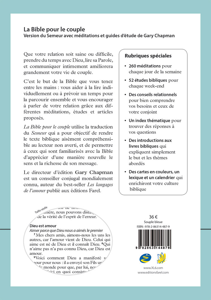 BIBLE POUR LE COUPLE SEMEUR 2015 SOUPLE BLEUE - MEDITATIONS ET GUIDE DE GARY CHAPMAN