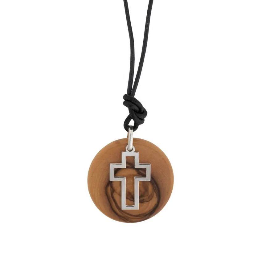 COLLIER AVEC PENDENTIF EN BOIS OLIVIER ET ARGENT CROIX