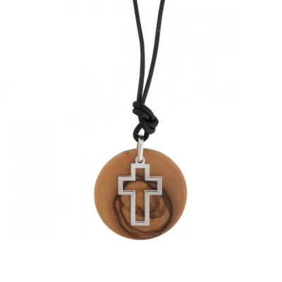 COLLIER AVEC PENDENTIF EN BOIS OLIVIER ET ARGENT CROIX