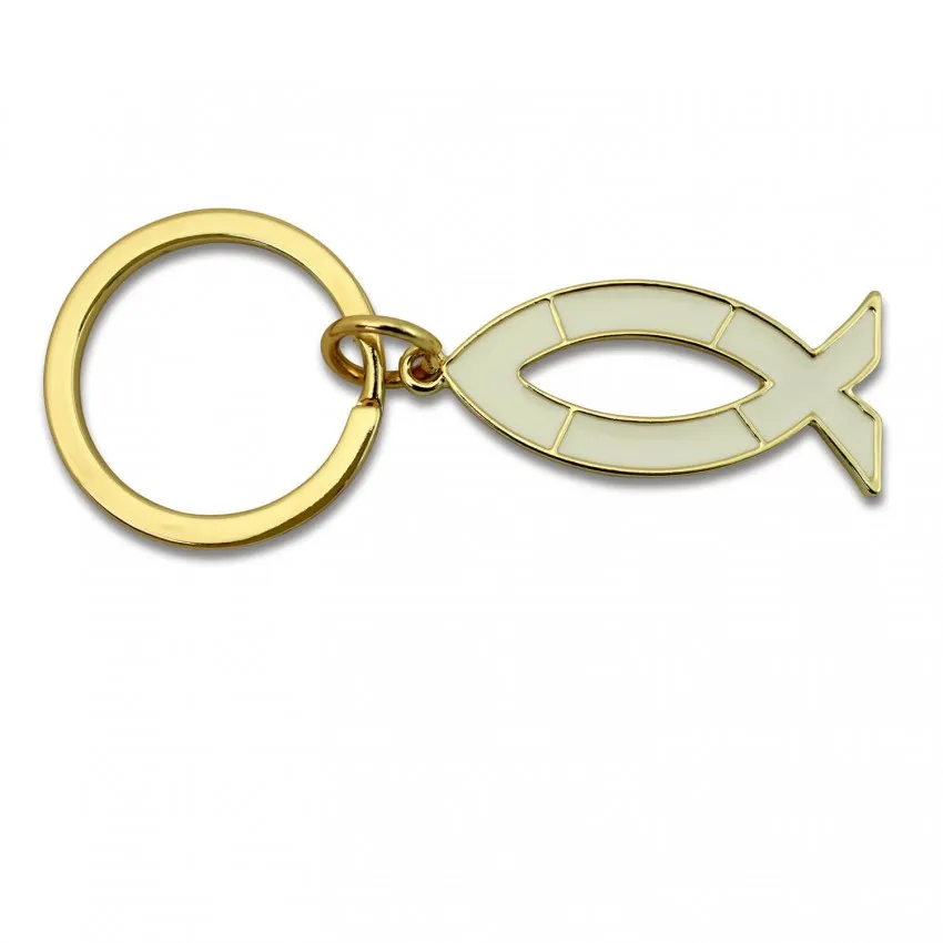 PORTE-CLES ICHTUS BLANC ET OR