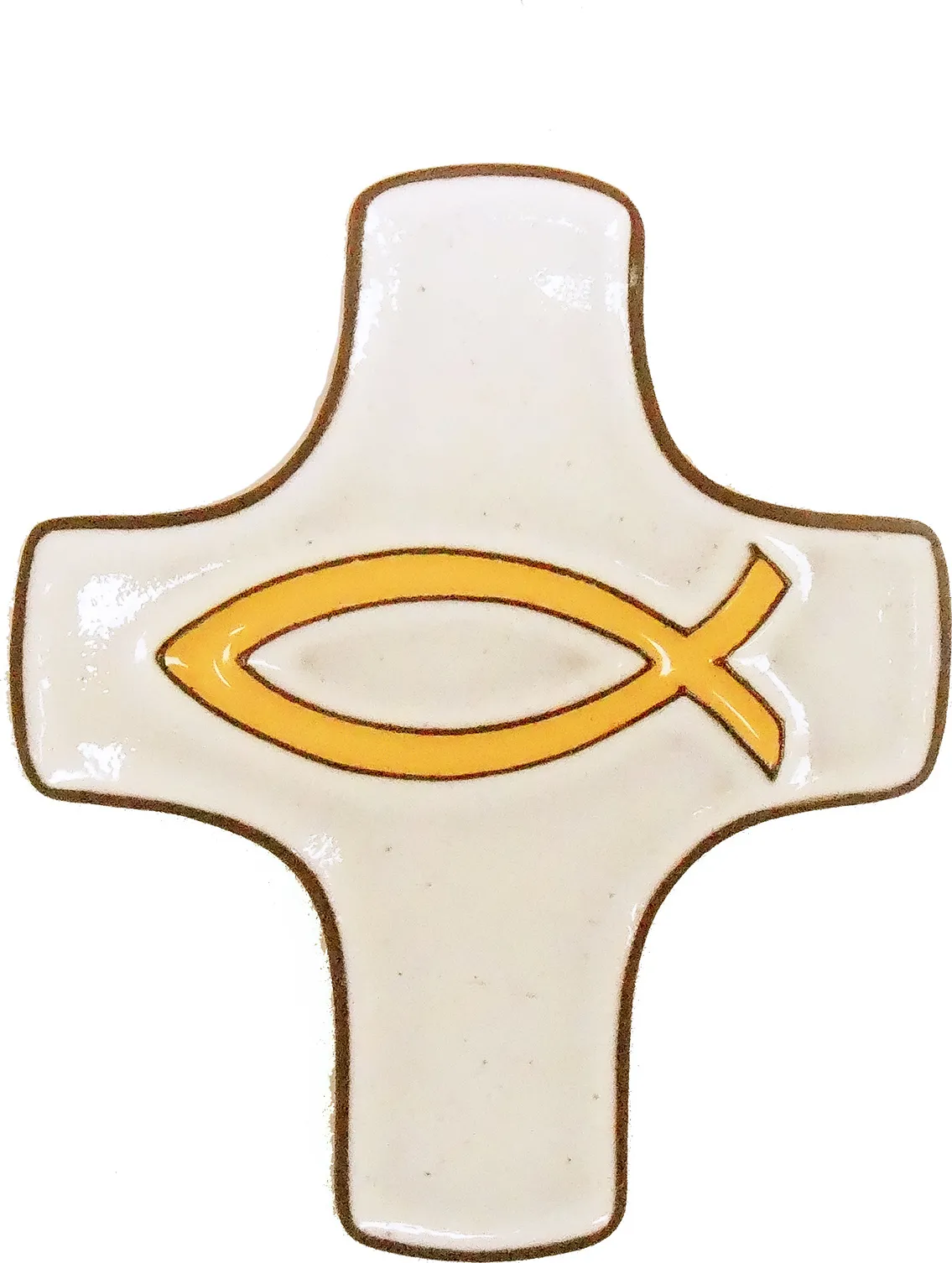 CROIX ICHTUS CERAMIQUE BLANC/JAUNE 7.5 X 9 CM