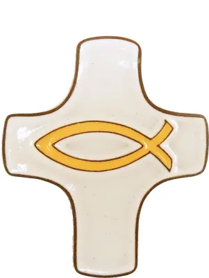 CROIX ICHTUS CERAMIQUE BLANC/JAUNE 7.5 X 9 CM