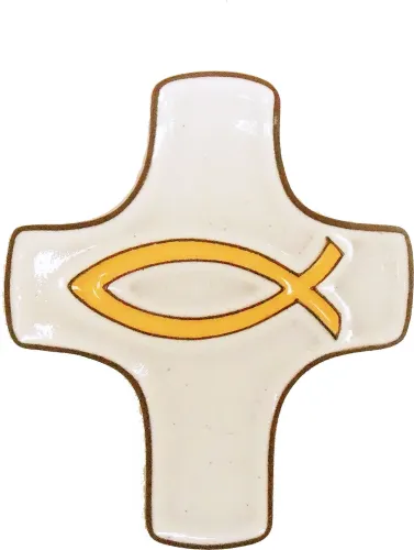 CROIX ICHTUS CERAMIQUE BLANC/JAUNE 7.5 X 9 CM