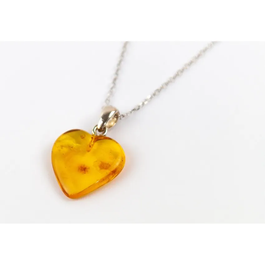 PENDENTIF COEUR AMBRE JAUNE AVEC COLLIER ARGENT 925