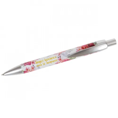 STYLO A BILLE MOTIF PIVOINES "SOYEZ HEUREUX AVEC LE SEIGNEUR"