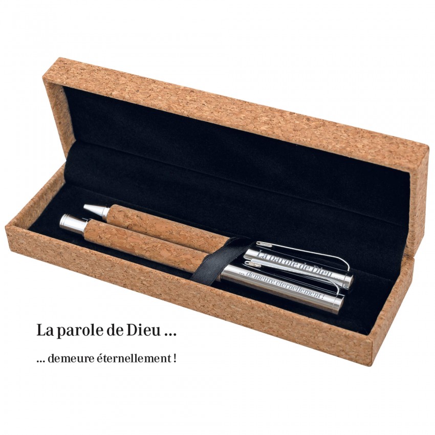 COFFRET D'ECRITURE STYLO BILLE ET ROLLER METAL EN LIEGE