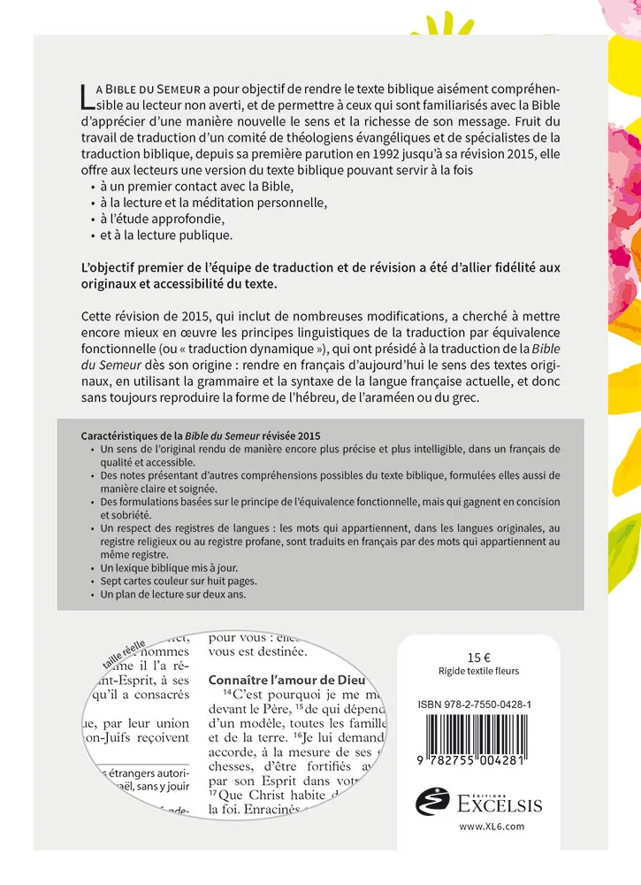 BIBLE SEMEUR 2015 RIGIDE TEXTILE FLEURS TRANCHE BLANCHE