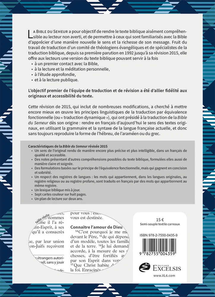BIBLE SEMEUR 2015 TEXTILE SOUPLE TISSU CARREAU TRANCHE BLANCHE