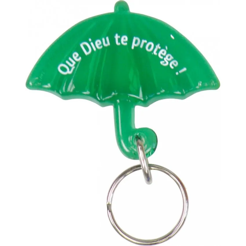 PORTE-CLES PARAPLUIE VERT AVEC VERSET QUE DIEU TE PROTEGE