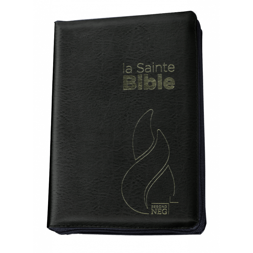 BIBLE NEG COMPACTE FIBROCUIR NOIR TR. OR ONGLETS FERMETURE ECLAIR