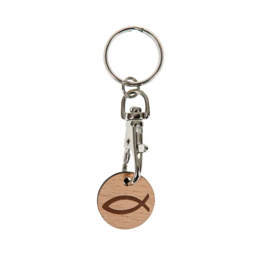 PORTE-CLE EN METAL AVEC JETON ICHTUS EN BOIS