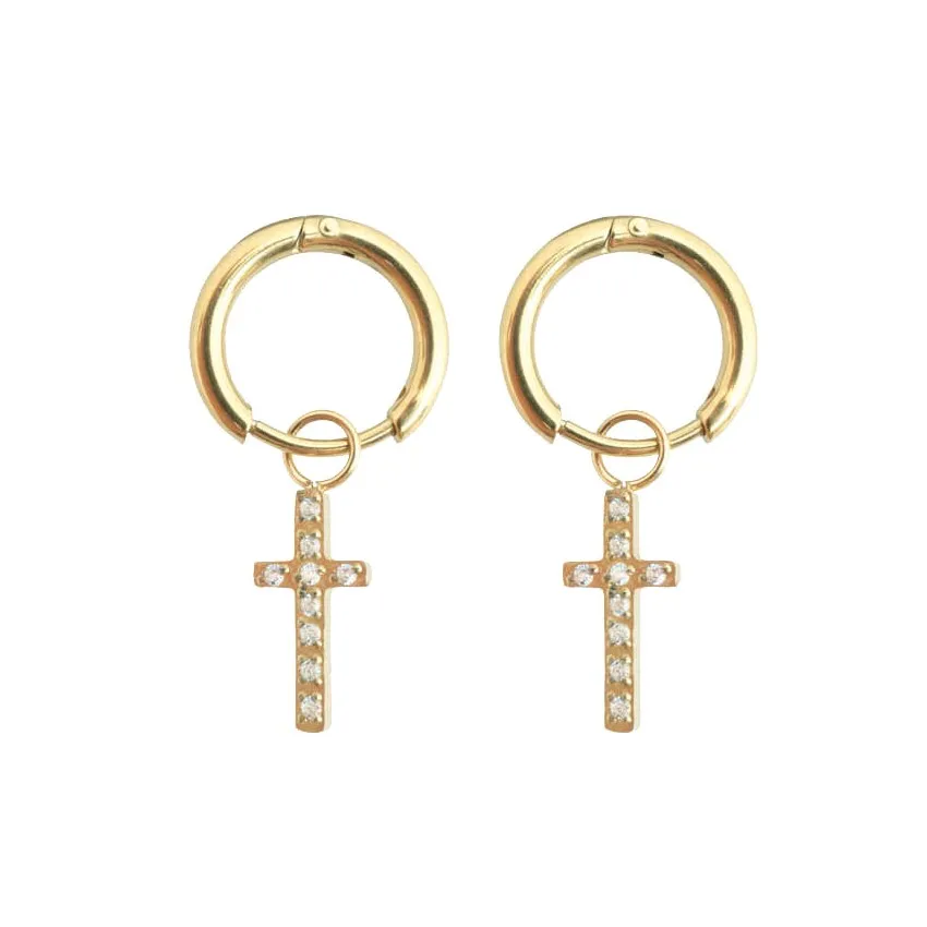 CREOLES EN ACIER INOXYDABLE - COULEUR OR AVEC CROIX ET STRASS