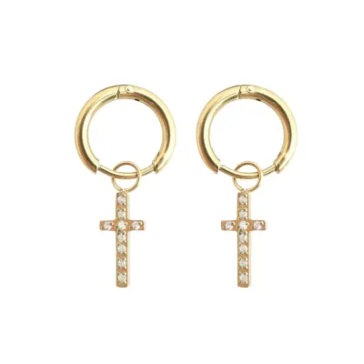 CREOLES EN ACIER INOXYDABLE - COULEUR OR AVEC CROIX ET STRASS