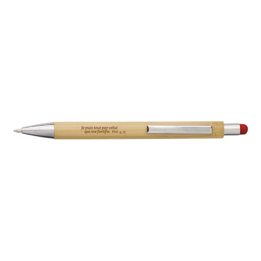 STYLO A BILLE TACTILE BAMBOU GRAVE AVEC TEXTE - ROUGE