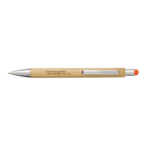 STYLO A BILLE TACTILE BAMBOU GRAVE AVEC TEXTE - ORANGE