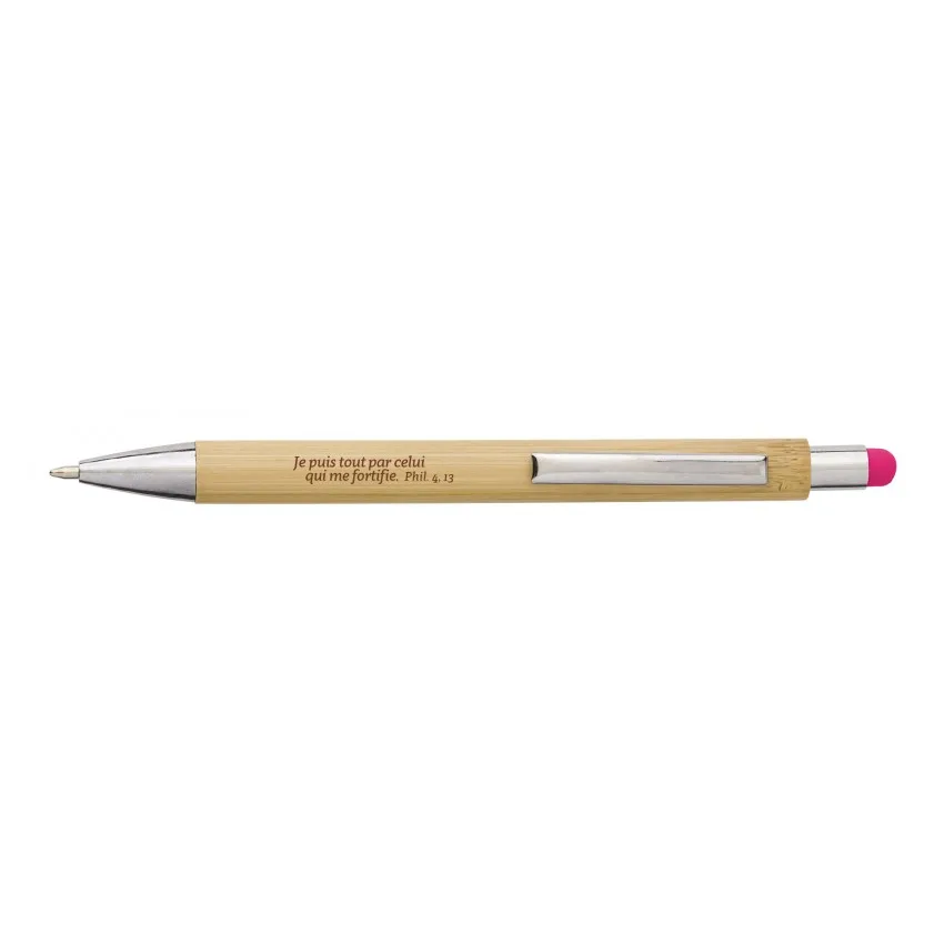 STYLO A BILLE TACTILE BAMBOU GRAVE AVEC TEXTE - ROSE