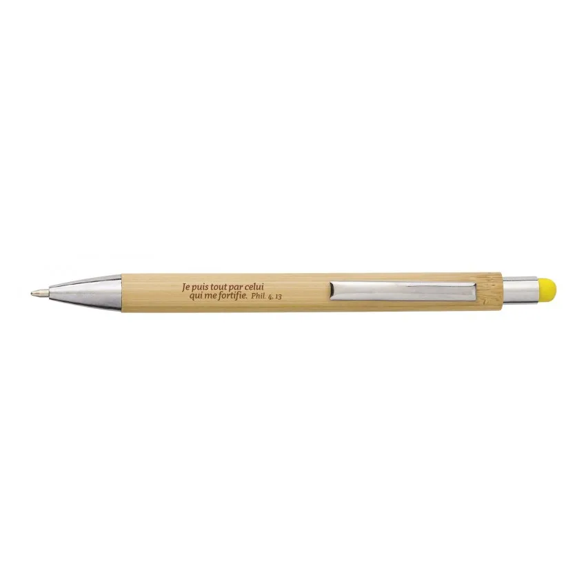 STYLO A BILLE TACTILE BAMBOU GRAVE AVEC TEXTE - JAUNE