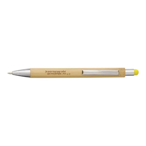 STYLO A BILLE TACTILE BAMBOU GRAVE AVEC TEXTE - JAUNE